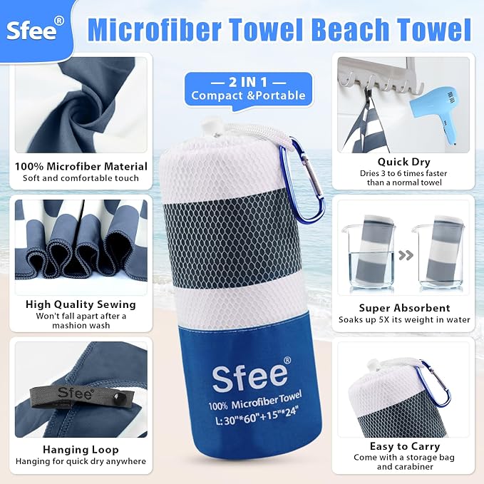 Sfee 2 in 1 Microfiber Beach Towel, Quick Dry Towel Camping Towel Travel Towel Super Absorbent Compact Lightweight Sports Gym Towels Set for Beach, Gym, Hiking, Pool, Backpacking, Bath, Yoga - Image 2