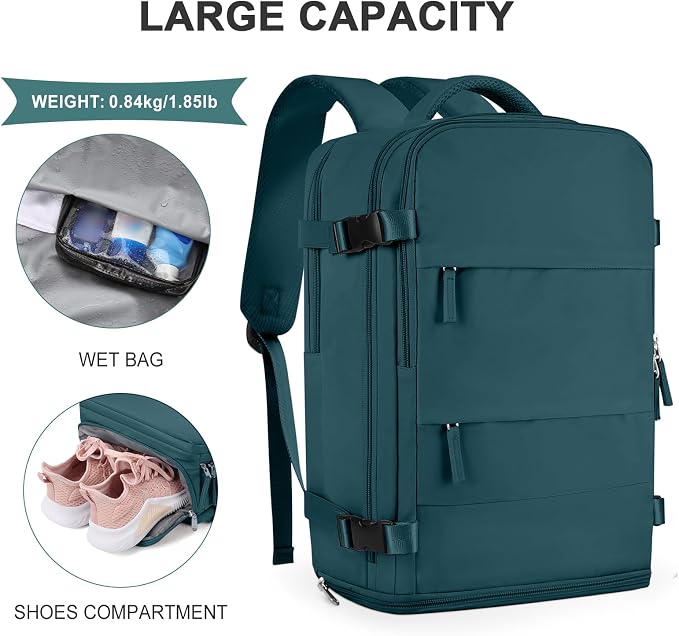 coowoz Large Travel Backpack For Women Men,Carry On Backpack Flight Approved,Hiking Backpack Waterproof Outdoor Sports Rucksack Casual Daypack Fit 15.6 Inch Laptop Shoes Compartment,30L(Peacock Blue) - Image 3