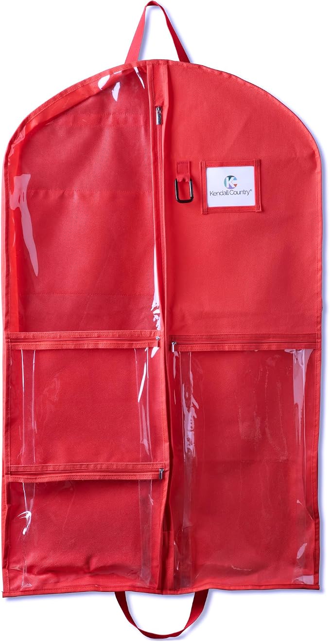 Enhanced Hanging Garment Bag with multiple clear Pockets, carrying straps, front and Side Zippers for Clothes, Dance Costumes, Cheer uniforms, and pageant dresses. (Candy Apple Red, 40 inch-2 pack) - Image 5