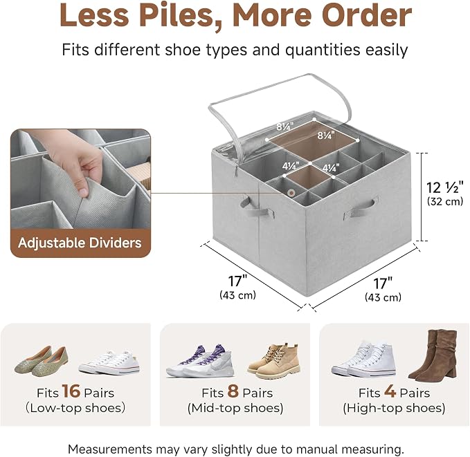 StorageWorks Shoe Organizer for Closet, Fits up to 16 Pairs, Shoe Cubby Storage Containers with Adjustable Dividers and Clear Cover, Grey - Image 6