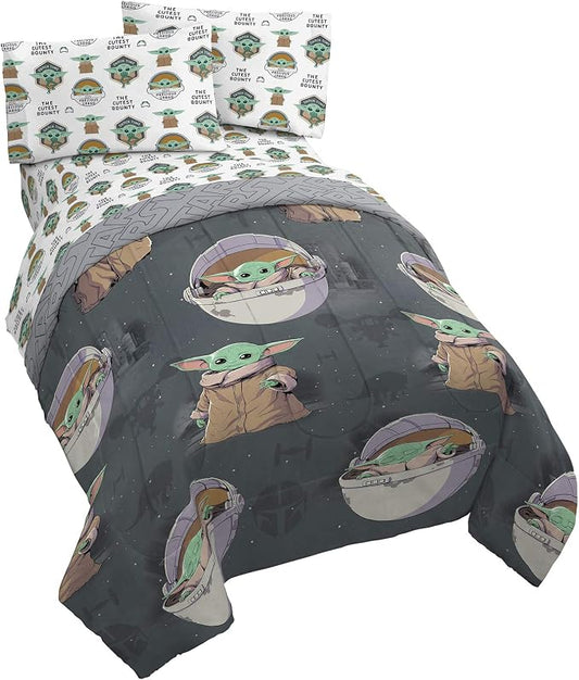Star Wars Mandalorian Full Size Comforter Set 5 Piece Kids Bedding, Gray | Grogu Baby Yoda, Comforter Sheets Pillowcases, Official Product, Soft Microfiber, Machine Washable, Easy Care, Kids Gift by JayFranco