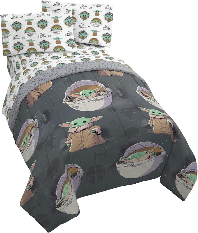 Star Wars Mandalorian Grogu Twin Comforter Set 4 Piece Kids Bedding, Gray | Baby Yoda, Comforter Sheets Pillowcase, Official Product, Soft Microfiber, Machine Washable, Easy Care, Kids Gift by JayFranco
