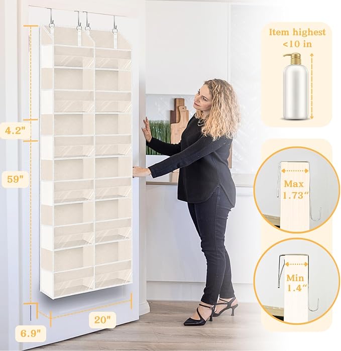 2 Pack Over The Door Organizer 6 Tiers, Extra Large Behind Door Storage of 12 Compartments, 80 lbs Weight Capacity Hanging Storage Organizer with Clear Window Kids Toys,Shoes (6 Tiers - Beige) - Image 3