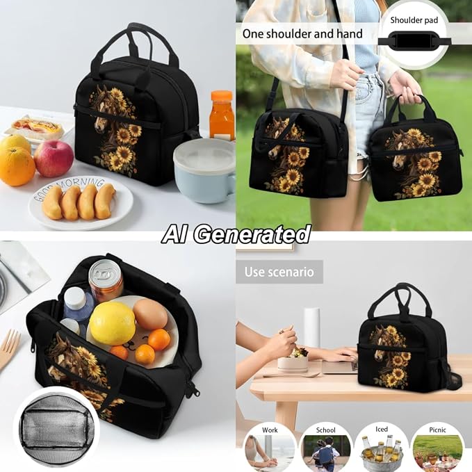 Sunflower Horse Backpack for School Girls 10-12 12-14 Middle School Bag Set with Lunch Box Pencil Case 3 Pcs Elementary High Bookbag Back Pack Purse 17 inch, Horse Pattern - Image 4