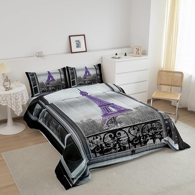 Erosebridal Purple Eiffel Tower Comforter Set Twin,Vintage France Paris Bedding Set for Girls Boys Teens Women Retro City Building Down Comforter Romantic Rainy Day Quilt Pillow Case Bedroom Decor - Image 3