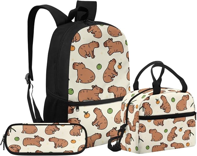 Capybara 3pcs Kids Backpack Set with Lunch Box and Pencil Case Lightweight School Bags for Boys Girls Elementary Bookbag for Students by Unknown