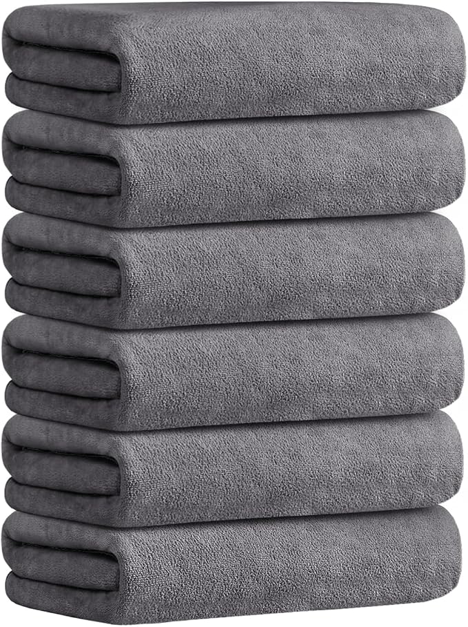 JML Large Microfiber Bath Towels Set 6 Pack (30" x 60") - Soft, Absorbent, Quick Drying Bathroom Towel with Hanging Hook for Adult, Swim, Gym, Spa, Fitness, Sports, Yoga, Grey by JML