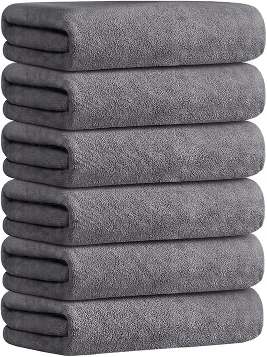 JML Large Microfiber Bath Towels Set 6 Pack (30" x 60") - Soft, Absorbent, Quick Drying Bathroom Towel with Hanging Hook for Adult, Swim, Gym, Spa, Fitness, Sports, Yoga, Grey by JML