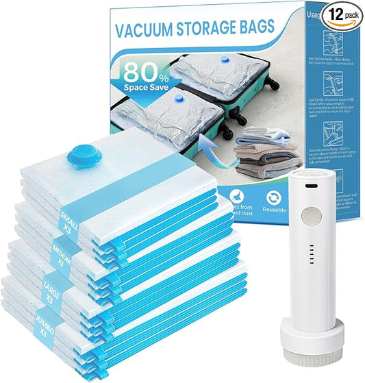 Vacuum Seal Bags for Clothing Travel, 12 Pack Vacuum Storage Bags for Clothes with Portable Electric Pump, Space Saver Bags for Luggage Traveling and Clothing by ANBIUX