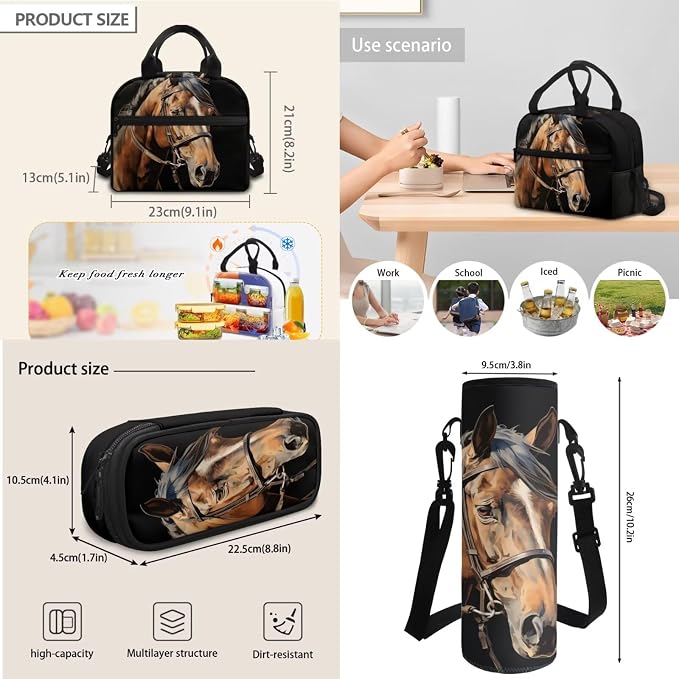 Boys Brown Horse Black School Backpack for Girls Schoolbag Book Daypack Knapsack Rucksack Lunch Bags Pen Pencil Case Protective Water Bottle Cup Holder Cover Stationery Bag - Image 6