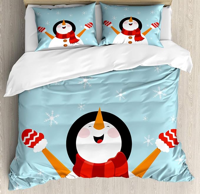 Ambesonne Christmas Duvet Cover Set, Happy Smiling Snowman Ornate Snowflakes Cheering Joyful Graphic Character, Decorative 3 Piece Bedding Set with 2 Pillow Shams, Queen Size, Soft Blue by Ambesonne