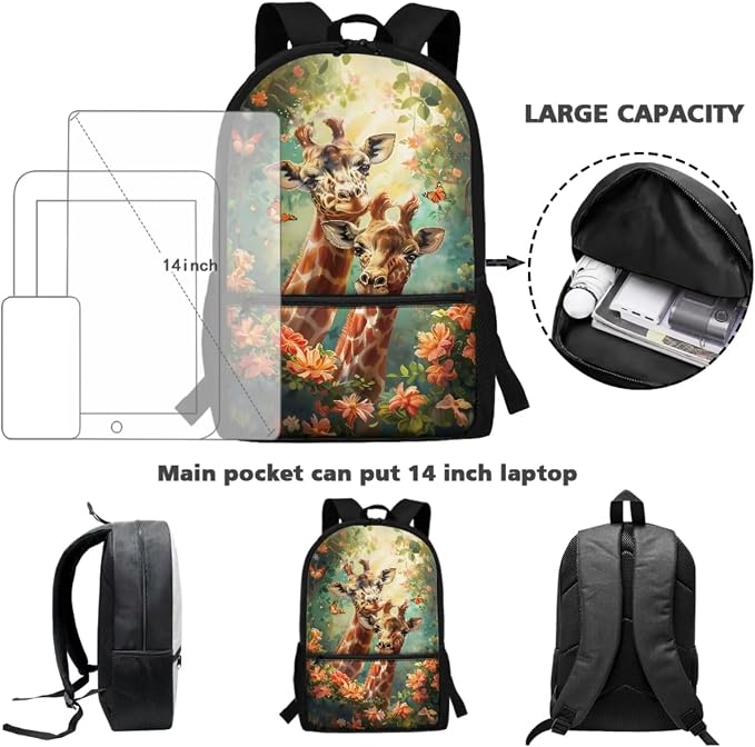 Retro Floral Giraffe Butterfly Print Schoolbag Set Large Capacity Bookbag Lunch Box Pencil Case Girls 17 Inch Travel Backpacks Rucksack Daypack with Adjustable Straps - Image 3