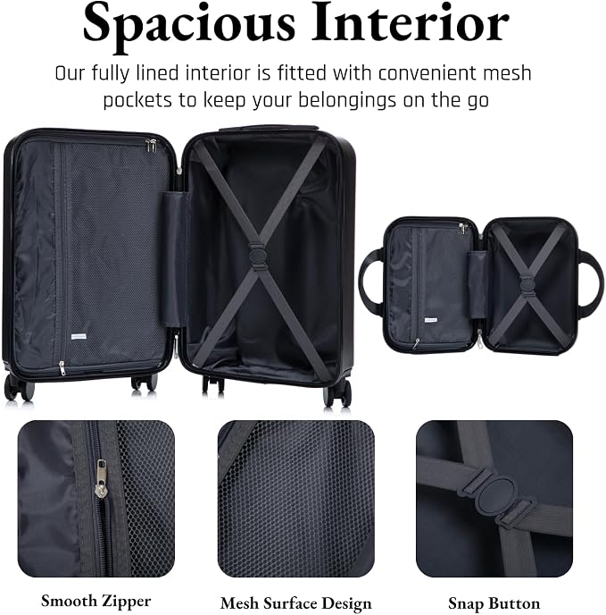 2 Pcs ABS Spinner Luggage Set - 14" Cosmetic Case & 20" Carry-On with Combination Lock, Front Opening Design, Black - Image 5