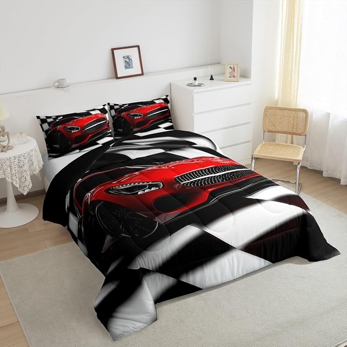 Erosebridal Teen Race Car Comforter Set For Boys King Size Extreme Sports Car Bedding Set,Black White Checkered Grid Comforter Retro Red Cool Vehicle Automobile Quilt Duvet 2 Pillow Cases - Image 5