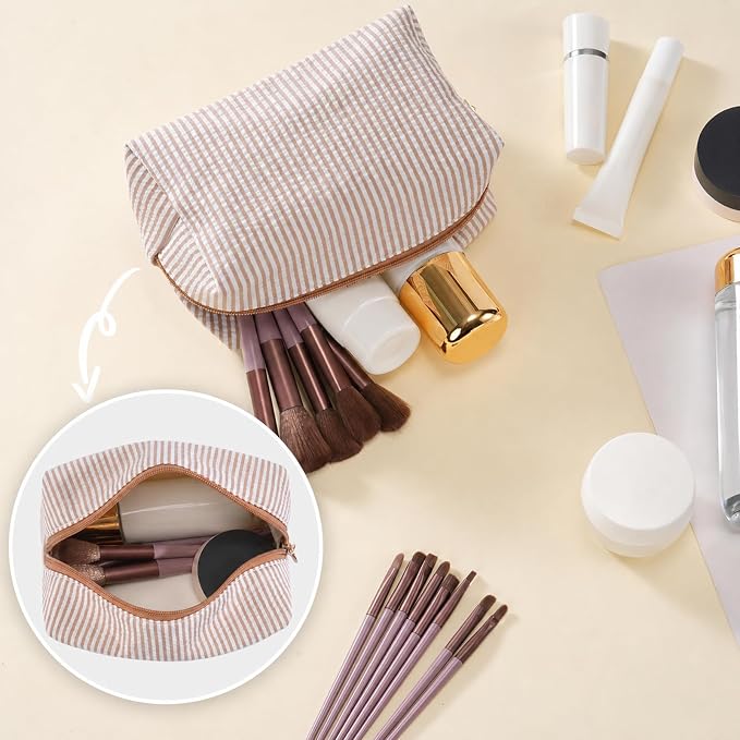 6PCS Makeup Bag Travel Toiletry Bag for Women, Small Cosmetic Bags Cute Brown Stripe Aesthetic Organizer Makeup Pouch for Purse Emergency Bag Pencil Case Accessory Bag - Image 4