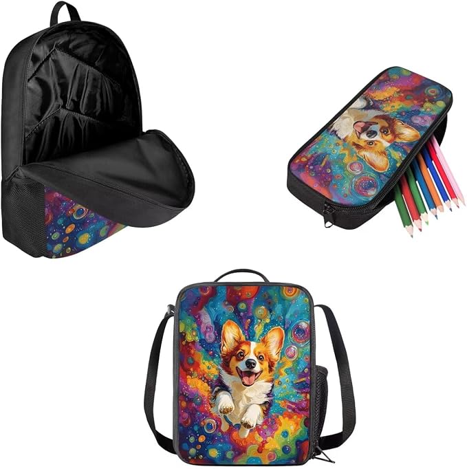 Mumeson Corgi Student 3 in 1 Backpack Set for Middle High School Cute Bookbag Sets with Lunch Box Pencil Case Set for Boys Girls Large Capacity Travel Daypack Rucksack - Image 2