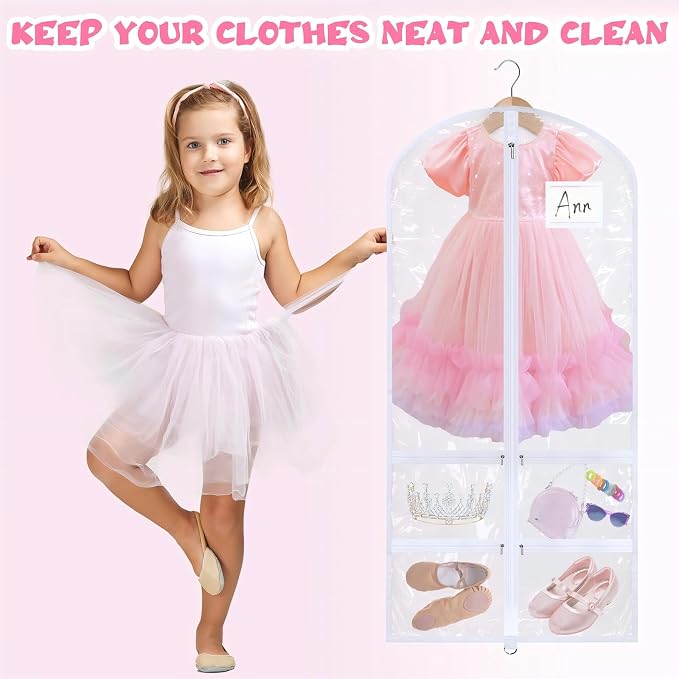 6 Pcs 24'' x 50'' Clear PVC Garment Bag Dance Costume Competition Bag with Rack Zippers Pockets Hanging Garment Covers Costume Organizer Costume Carrier for Adults Kids(Transparent White) - Image 5