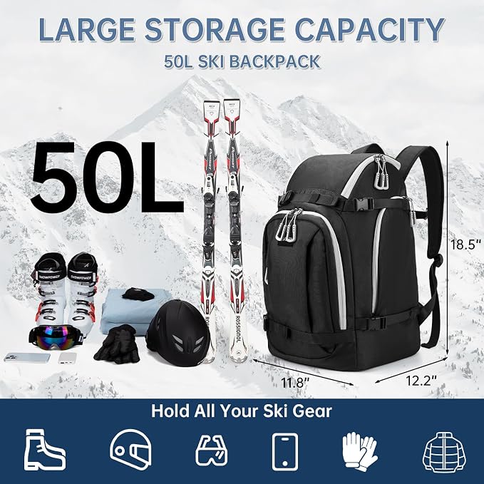 Ski Boot Bag, 50L Ski Boot Travel Backpack for Skis, Snowboard & Accessories, Waterproof Padded Ski Boot Bag Backpack - Image 2