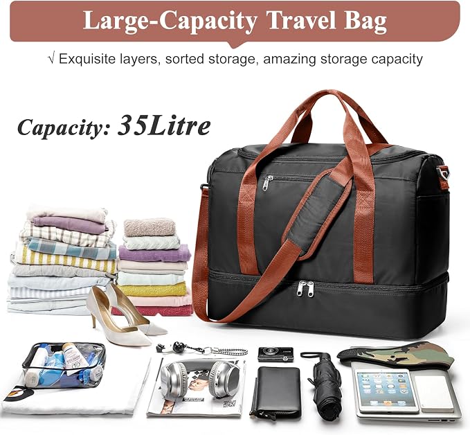 Travel Duffel Bag,Carry-On Overnight Weekender Bags with Shoes Compartment | Travel Bag with Wet Pocket & Luggage Sleeve, For Spirit Airlines 18x14x8 Personal Item Bag,Small,Black & Brown - Image 3