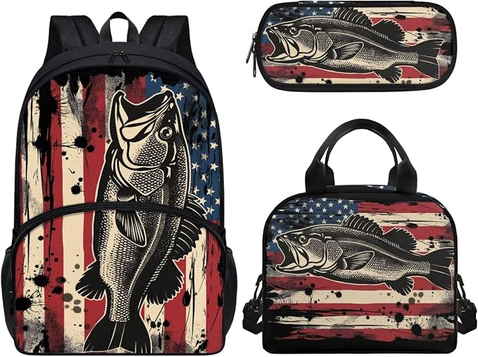 American Flag Fish Backpack for Boys Girls Primary Middle School Bookbag Set with Lunch Box Pencil Case Kindergarten Kids Schoolbags Rucksack Daypack 3 In 1 Set by Wideasale