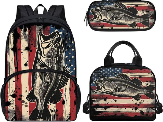 American Flag Fish Backpack for Boys Girls Primary Middle School Bookbag Set with Lunch Box Pencil Case Kindergarten Kids Schoolbags Rucksack Daypack 3 In 1 Set by Wideasale