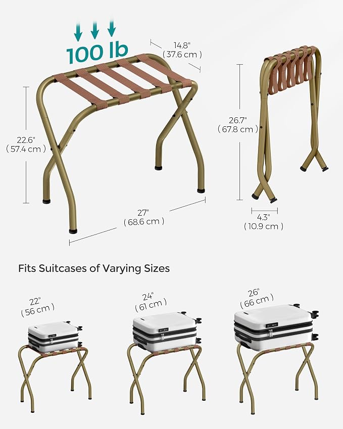 SONGMICS Luggage Rack, Pack of 2, Luggage Racks for Guest Room, Suitcase Stand, Steel Frame, Foldable, for Bedroom, Golden URLR064A02 - Image 5