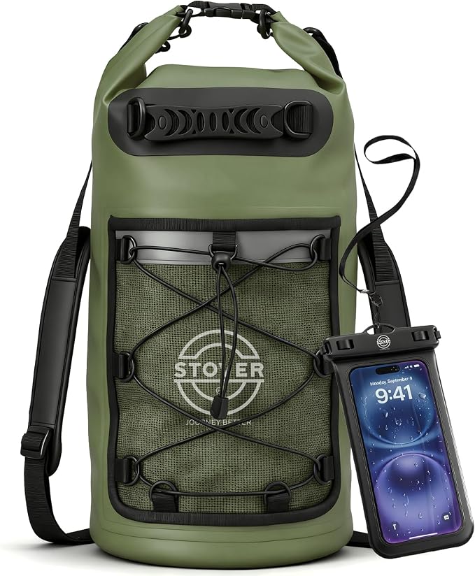 STOVER 5/10/25/30/40L Waterproof Dry Backpack & Phone Case- Large Floating Dry Bag for Kayaking, Travel, Hiking, Fishing, Camping, Motorcycles & Beach, Heavy-Duty Roll Top Men/Women (Green) by STOVER