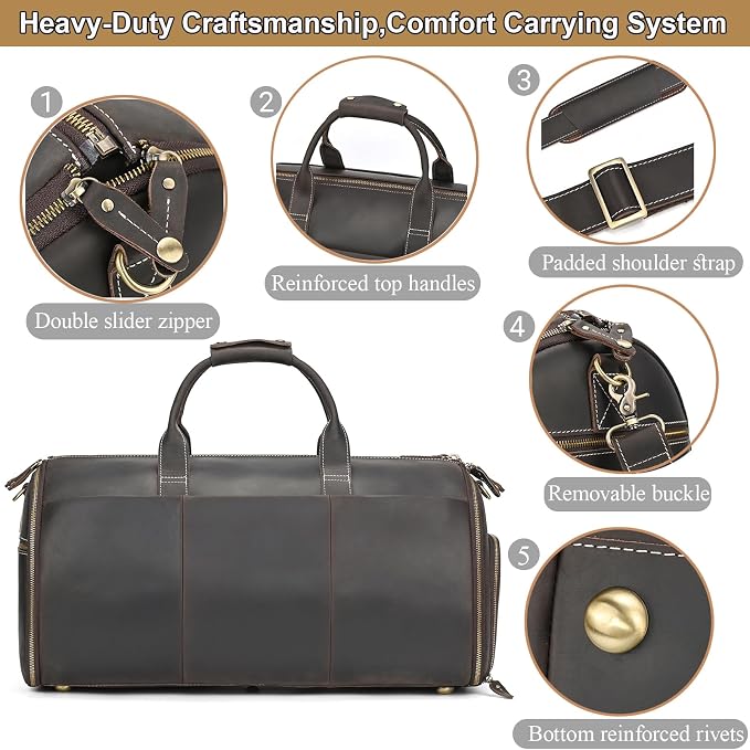Full Grain Genuine Leather Garment Bag for Men 2 in 1 Convertible Suit Travel Duffel Bag Weekender Overnight Bag with Shoe Compartment Business Carry On Luggage, Dark Brown - Image 8