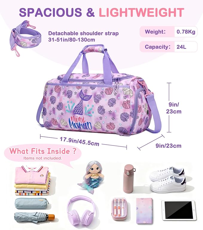 Kids Duffle Bag,VASCHY Travel Bag for Toddler Boys Overnight Sleeping Bag Duffel Ballet Dance Sport Carry On Weekender Bag with Shoes Compartment Dry Wet Pocket Mermaid - Image 2