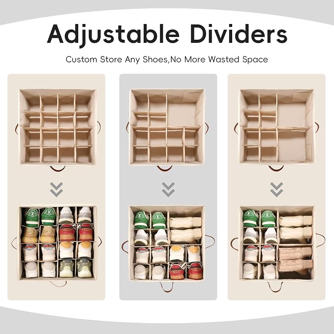 Shoe Organizer for Closet, 3 Pack Shoe Storage Bins with Clear Cover, Adjustable Dividers Fits 24-48 Pairs, Beige - Image 4