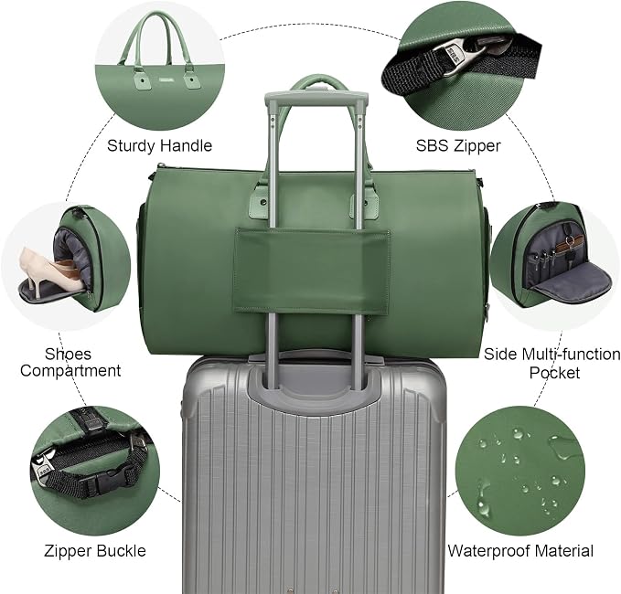 Modoker Eco-Friendly Convertible Garment Bags for Travel, Carry on Garment Duffel Bag for Women Men Weekender - 2 in 1 Hanging Suitcase Suit Travel Bags, Green - Image 4
