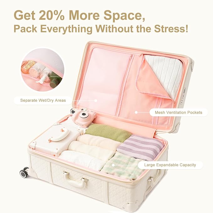 NZBZ Vintage Luggage Sets for Women Retro Suitcase Cute Vintage Expandable Luggage of 3 (Pure White, 20inch & 24inch & 28inch) - Image 5