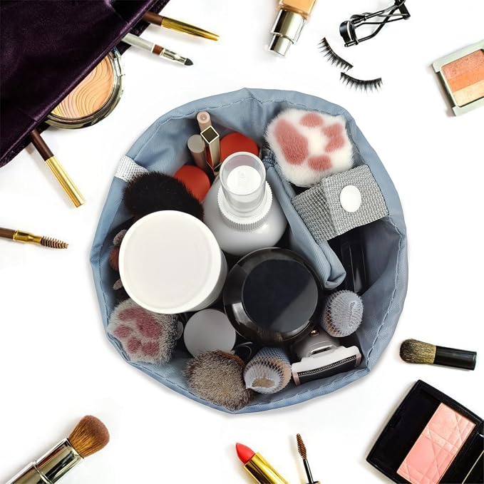 INVODA Drawstring Makeup Bag for Women Cosmetic Bag Large Travel Make up Bags Portable Barrel Toiletry Bag Toiletries Pouch Travel Cosmetic Organizer (Grey) - Image 5