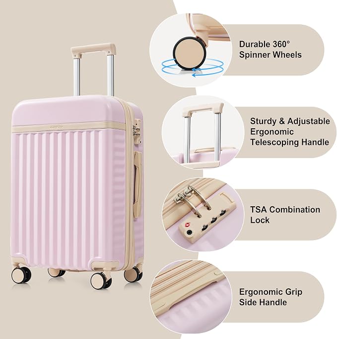 Hardshell Luggage, Lightweight Suitcase with Spinner Wheels, LIGHT PINK+USB - Image 2
