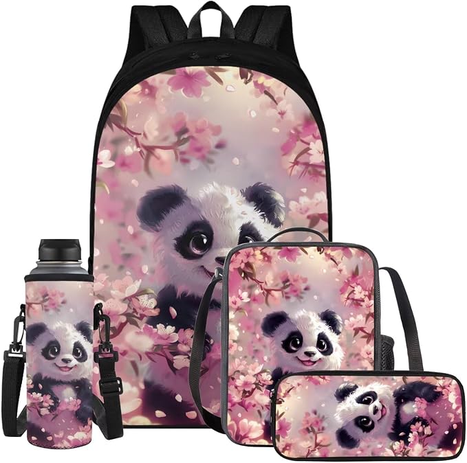 Cherry Blossom Panda Backpack for Girls Kids Backpack with Lunch Box Water Bottle Carrier and Aesthetic Pencil Case 4PCS Set Bookbag with Compartments for School 17 inch Large Cute School Bag by ELEDIZI