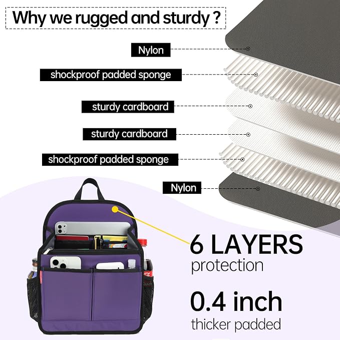 Large Premium Wider Rugged Backpack Organizer Insert for Men Women Work Travel -19 Pockets, Padded Nylon-Purple - Image 4