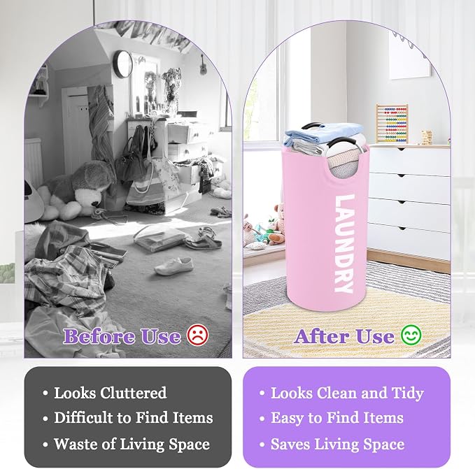95L Large Laundry Basket with Handles, Foldable Clothes Hampers Stand Up Well, Waterproof Dirty Clothes Hamper, Rugged Laundry Basket for Flat, Dorm, Hotel, Pink - Image 3