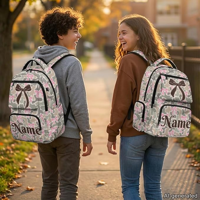 Camo Bow Custom 17 Inch Kids School Bag Set 4Pcs with Lunch Bag | Pencil Case and Water Bottle Holder, Lightweight 600D Durable Fabric, Multi Pockets, for Elementary School Students - Image 2