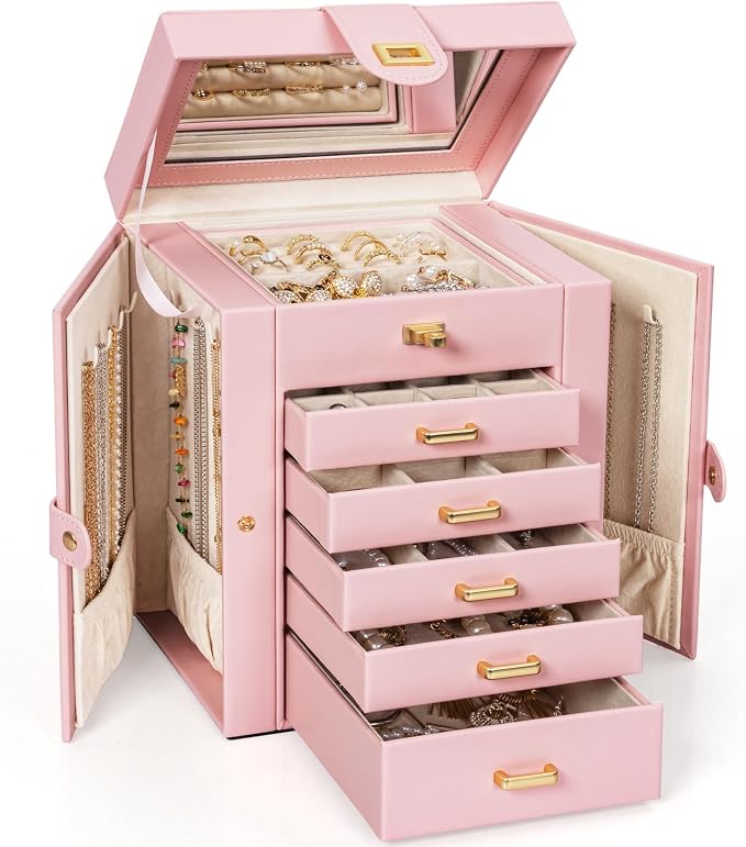 AKOZLIN 6-Tier Jewelry Box Organizer Functional 5 Drawers Leather Jewelry Storage Case for Women Girls Ring Necklace Earring Bracelet Holder Organizer with Mirror Light Pink Regular by AKOZLIN