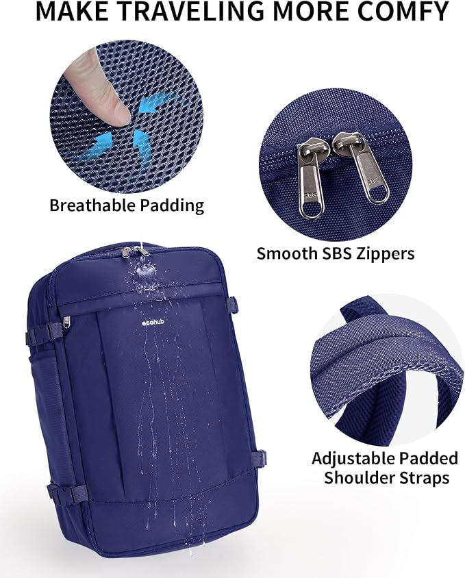 ECOHUB Travel Backpack for Men Women, Carry on Backpack with USB Charging Hole, Spirit Airlines Personal Item Bag Flight Approved, 15.6 Inch Laptop Backpack with Anti Theft Pockets, 30L, Navy Blue - Image 7
