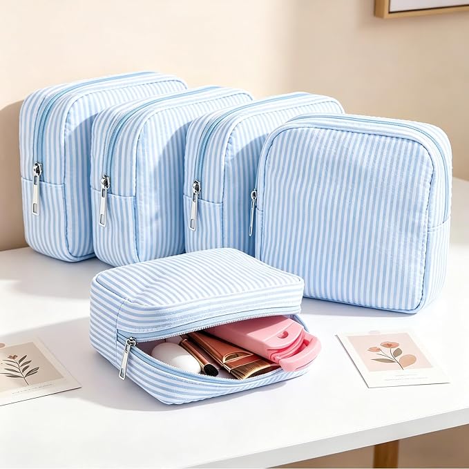 Giesiery 8 Pcs Seersucker Makeup Bags Striped Cosmetic Bags Bulk Organizer for Women Preppy Travel Toiletry Pouch for Wedding Bridesmaid Gifts (Blue, Mini) - Image 3