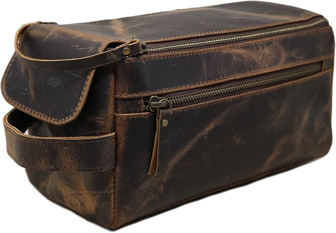 jaald Men's Genuine Leather Toiletry Bag Waterproof Shower Kit Shaving Bags And Grooming For Travel Groomsmen Gift Men Women Hanging Zippered Makeup Bathroom Cosmetic Pouch Case Make Up kit by Jaald