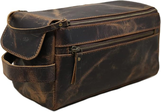 jaald Men's Genuine Leather Toiletry Bag Waterproof Shower Kit Shaving Bags And Grooming For Travel Groomsmen Gift Men Women Hanging Zippered Makeup Bathroom Cosmetic Pouch Case Make Up kit by Jaald