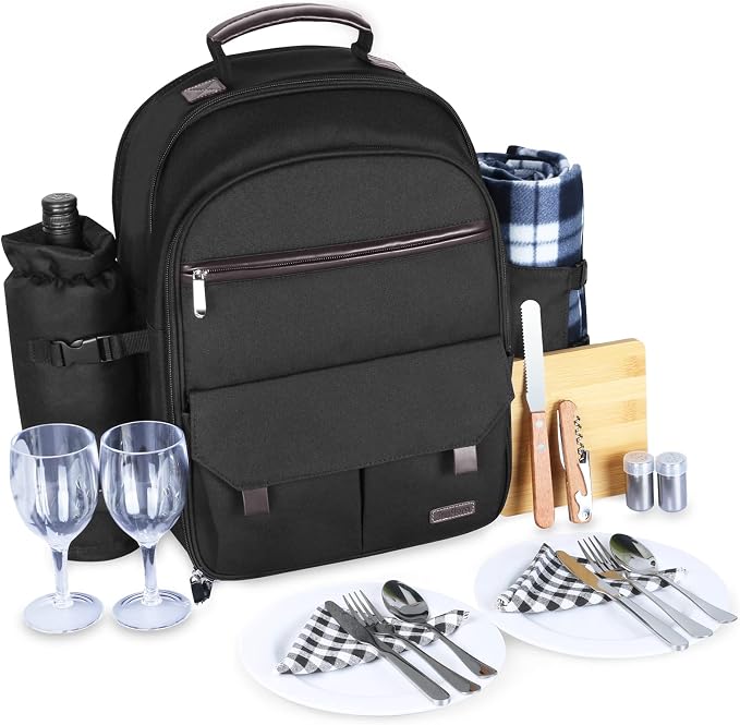 Sunflora Insulated Picnic Backpack for 2 Person Bag with Cooler Compartment, Wine Pouch, Blanket and Stainless Steel Cutlery Set for Couple, Lovers and Friends (Black) by Sunflora