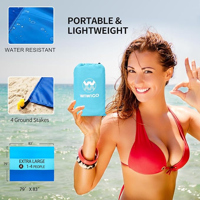 WIWIGO Beach Blanket Waterproof Sandproof Beach Mat 79" X 83"/10'x9'for 2-8 Adults Quick Drying Outdoor Picnic Mat Beach Accessories for Travel, Camping, Hiking - Image 2
