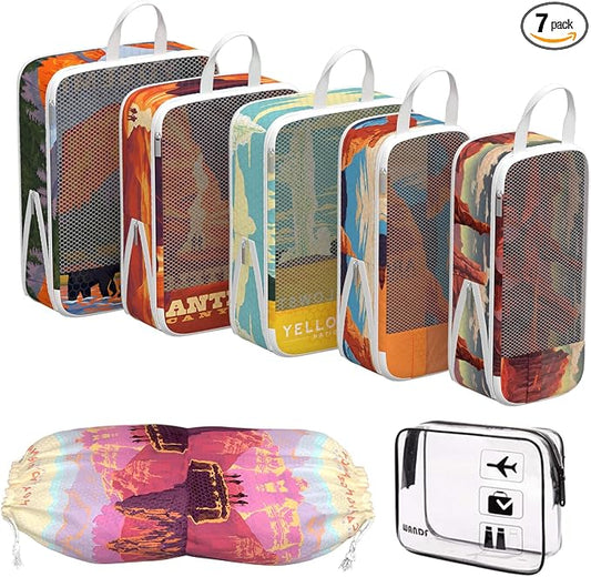 Compression Packing Cubes for Travel, 7 Set National Park Expandable Mesh Luggage Organizers, Waterproof Expandable/Compression Bags Travel Packing Cubes with Clear Toiletry Bag by wpnchsdc