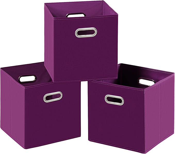 Fabric Cloth Storage Bins,Fabric Cube Bins Organizer with Dual Handles Foldable Cube Storage Baskets for Home Bedroom Storage,Set of 3,(Purple) by SEVENDOME