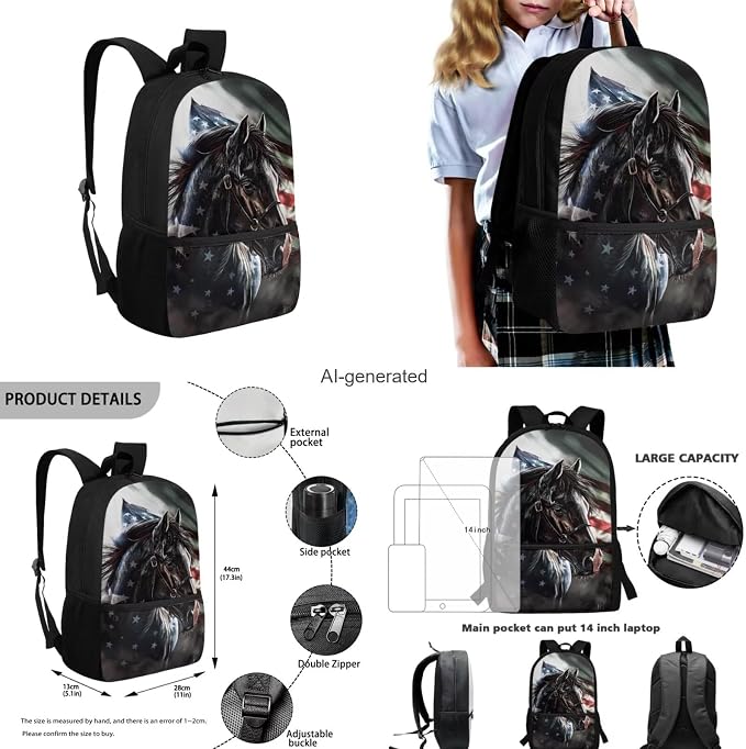 American Flag Horse Backpack for Boys Girls Backpack with Lunch Box Water Bottle Holder with Strap and Pencil Pouch 4PCS Bookbag with Front Pocket for School Teens 17 inch School Bag for Kids - Image 3