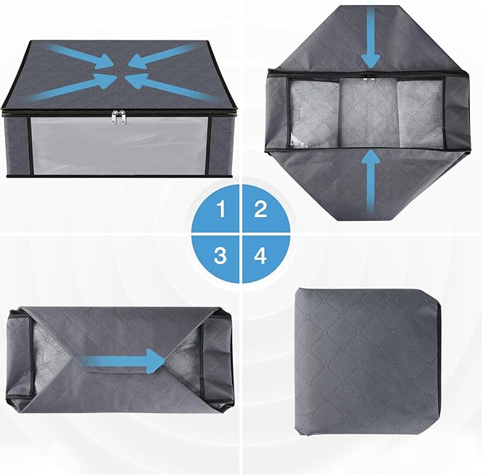 HomeHacks Storage 4-Pack Clothes Organizer Storage Bags Foldable Storage Box with Large Clear Window Sturdy Handles for Closet, Dorm, Pillows, Bedding, Clothes, Stuffed Toys, Blankets, Grey - Image 7