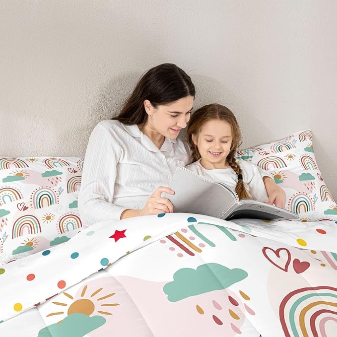 Erosebridal Rainbow Quilt for Kids Girls, Cartoon Sun and Clouds Comforter Set & Pillow Cases, Love Heart Down Comforter Iridescent Stripes Hand Drawn Bedding Set Kawaii Room Decor, Twin Size - Image 3